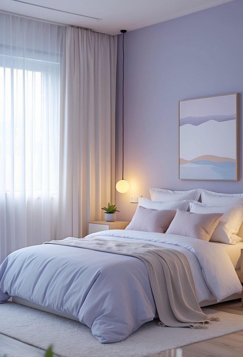 v2 17e1z0 ipbhh A peaceful bedroom with soft pastel walls, a neatly made bed with pillows and a throw, natural light through white curtains, a wooden nightstand with a plant and lamp, and a light rug on the floor.