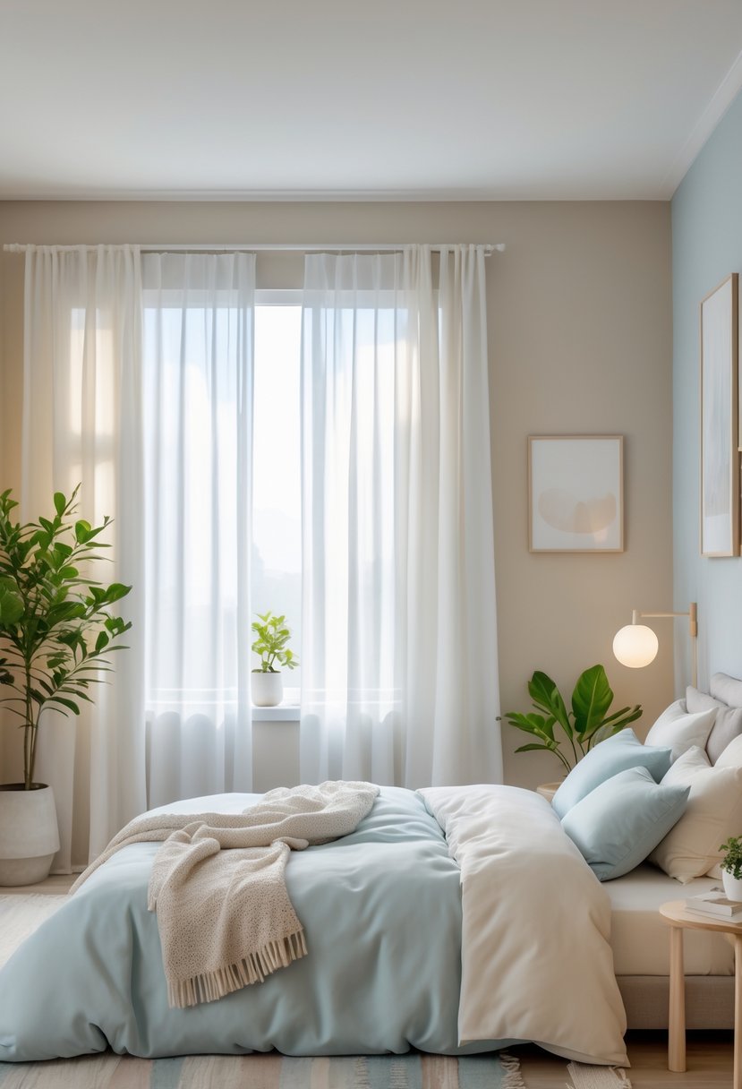 v2 17e220 q56go A neatly made bed in a softly lit bedroom with neutral colors, a nightstand with a lamp, and a green plant.
