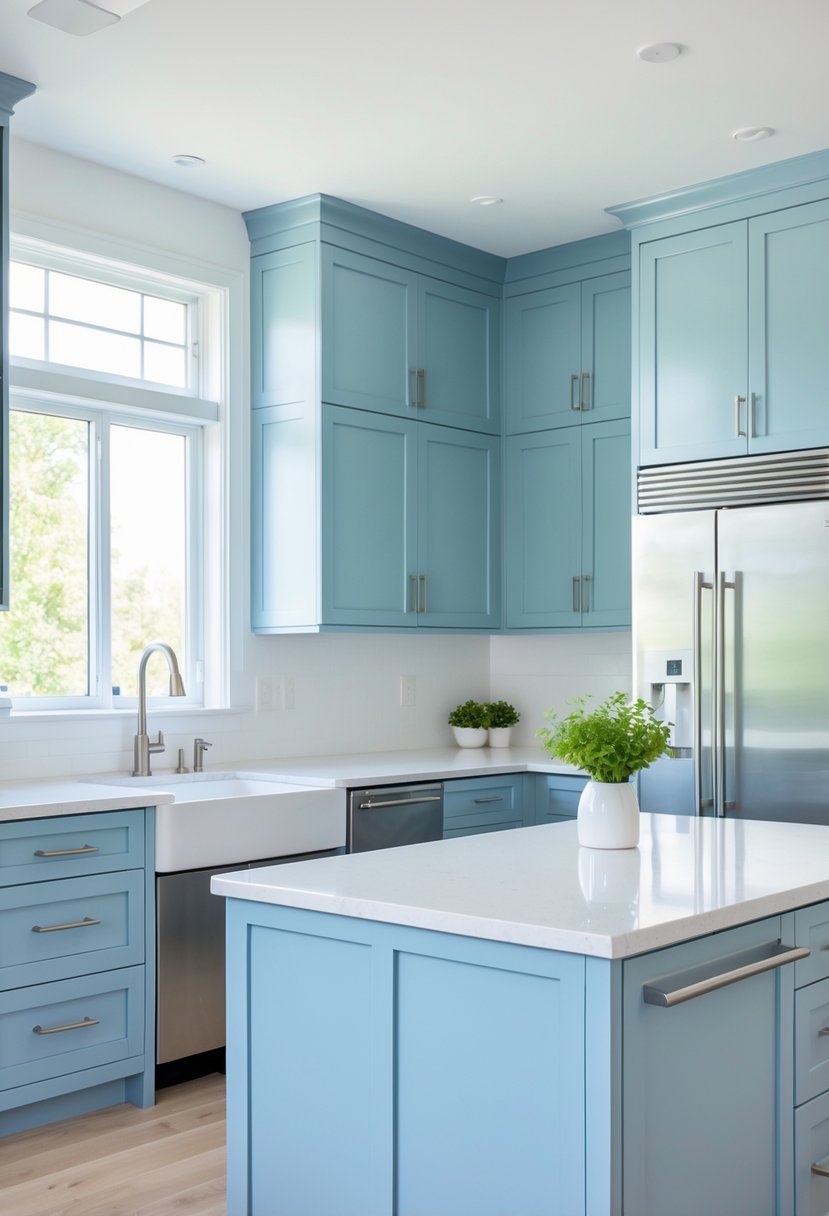 v2 17e2o6 um4br A bright kitchen with icy blue cabinets, white countertops, stainless steel appliances, and light wood flooring.