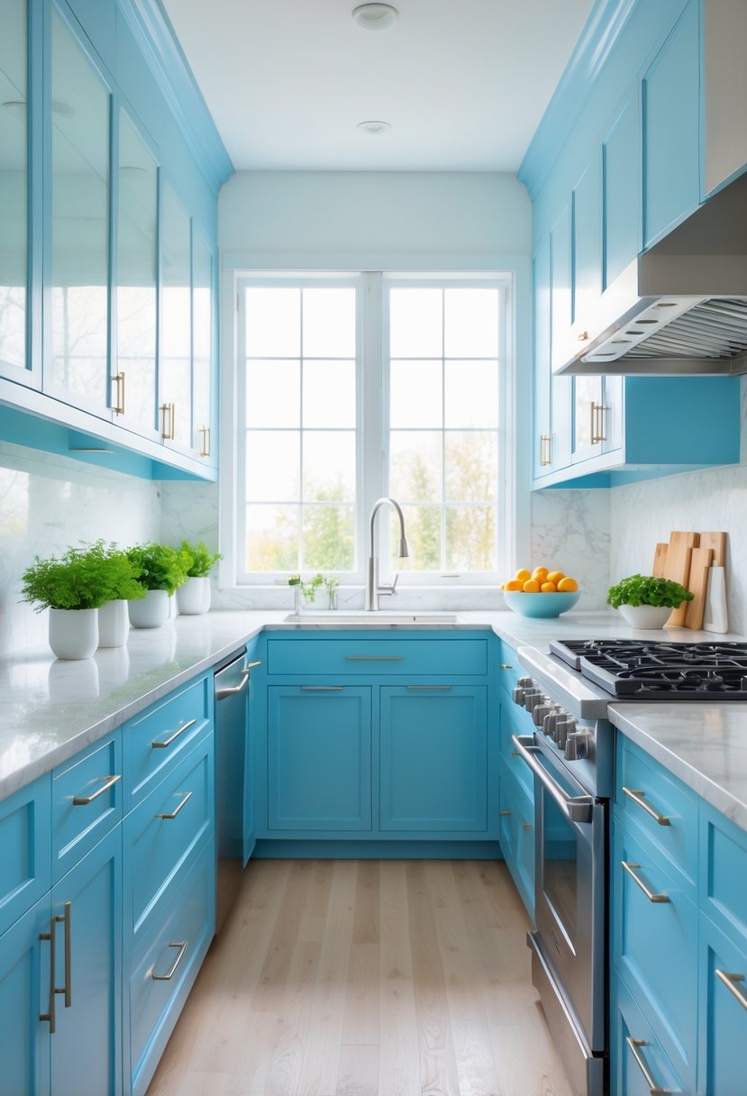 v2 17e2om A modern kitchen with icy blue cabinets, white marble countertops, stainless steel appliances, and natural light from large windows.