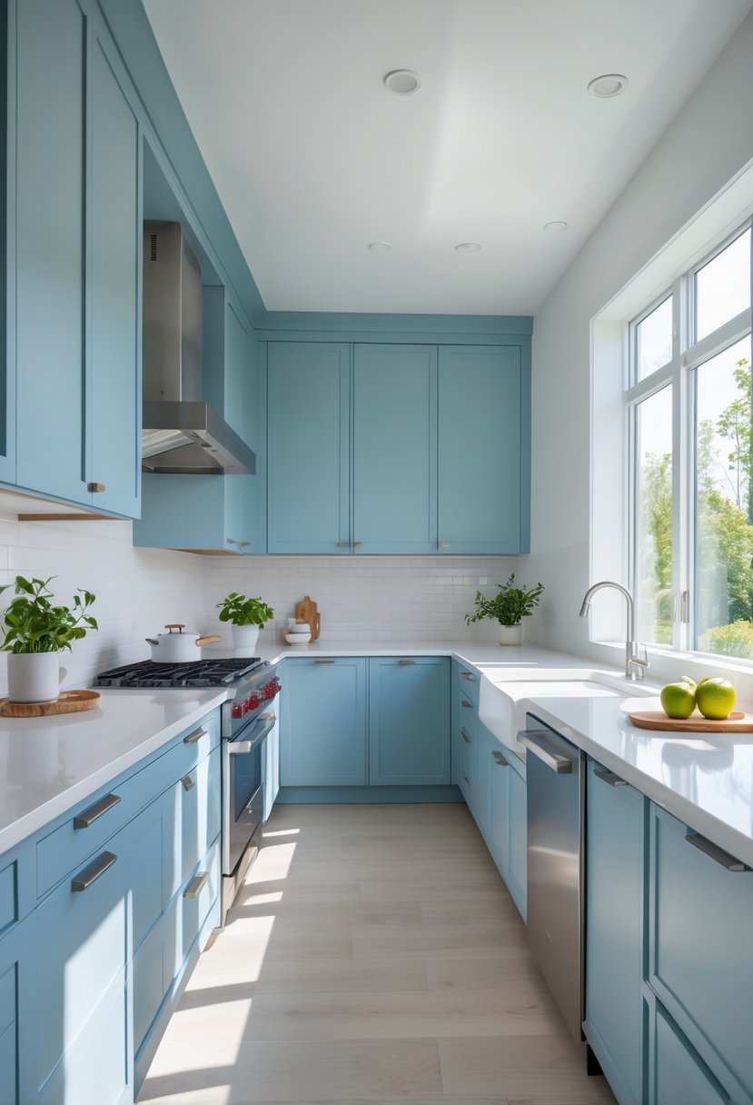 v2 17e2q8 rjn2r A bright kitchen with pale blue cabinets, white countertops, stainless steel appliances, and a wooden island with bar stools.