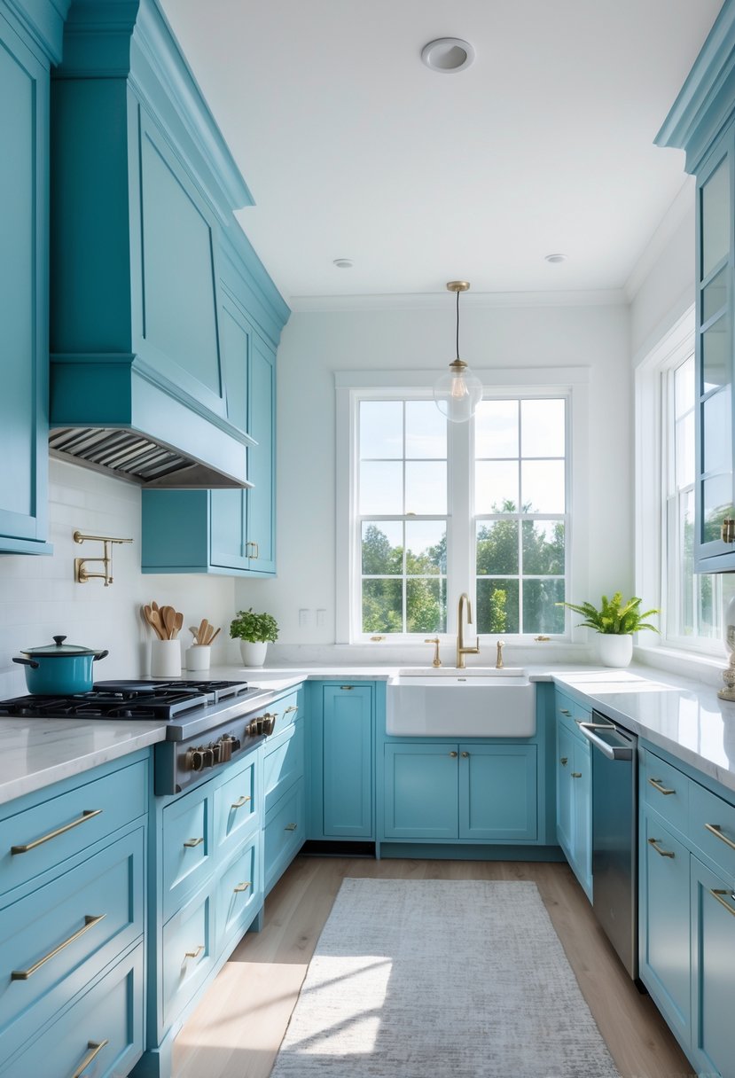 v2 17e2rb kli2s A bright kitchen with icy blue cabinets, white countertops, and stainless steel appliances.