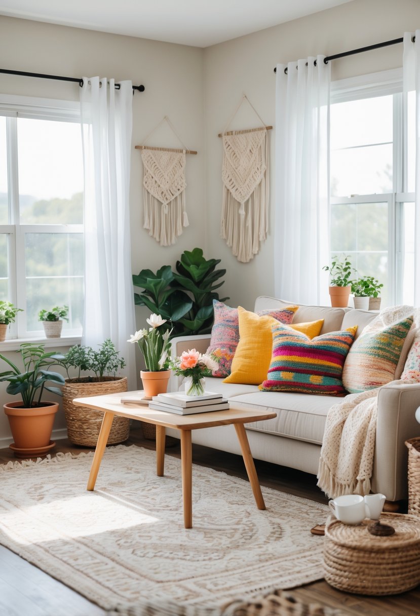 v2 17fxfo cjkk7 A well-lit living room with a sofa, colorful pillows, plants, and a wooden coffee table.