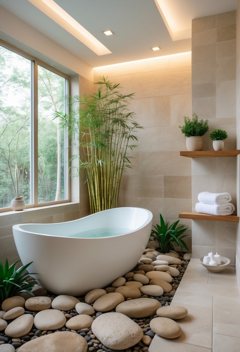 v2 17fxo5 A calm bathroom with a freestanding bathtub, bamboo plants, wooden shelves with towels, and natural stone walls.