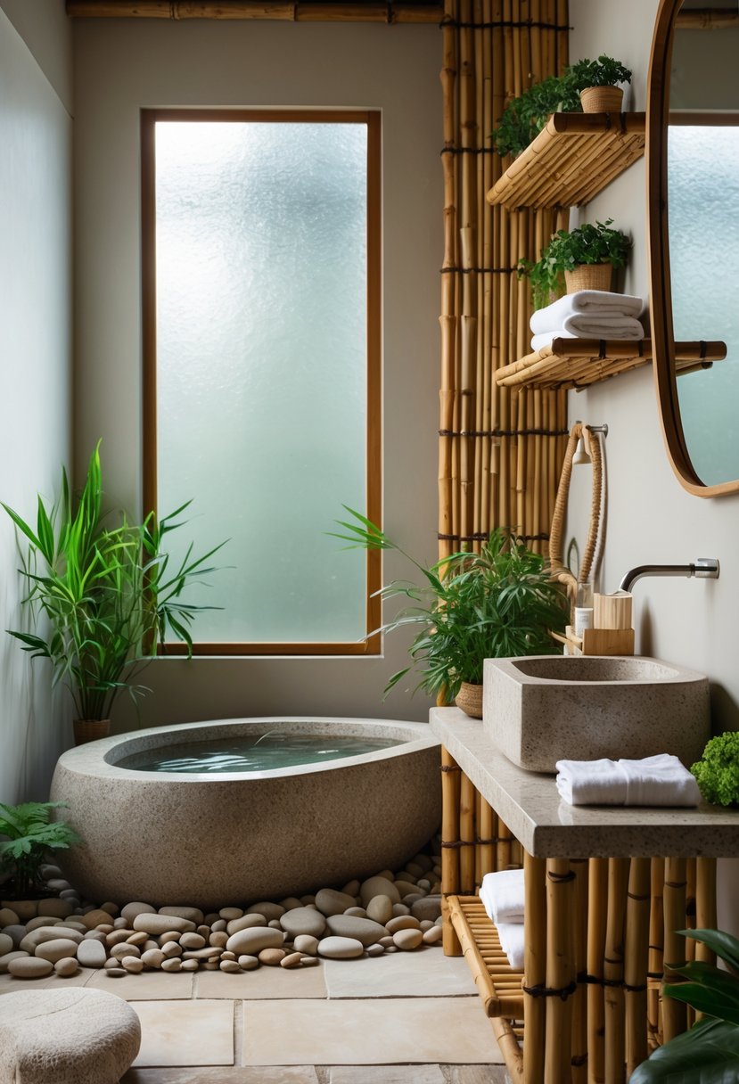 v2 17fxok f4a21 A bathroom with a stone bathtub, bamboo shelves, wooden vanity, and green plants, illuminated by natural light.