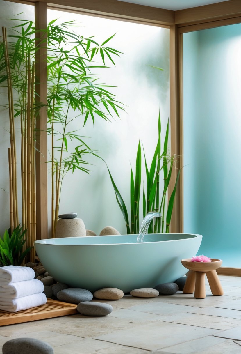 v2 17fxoz fhdmd A calm bathroom with a freestanding bathtub, bamboo plants, wooden accents, and natural stone flooring lit by soft natural light.
