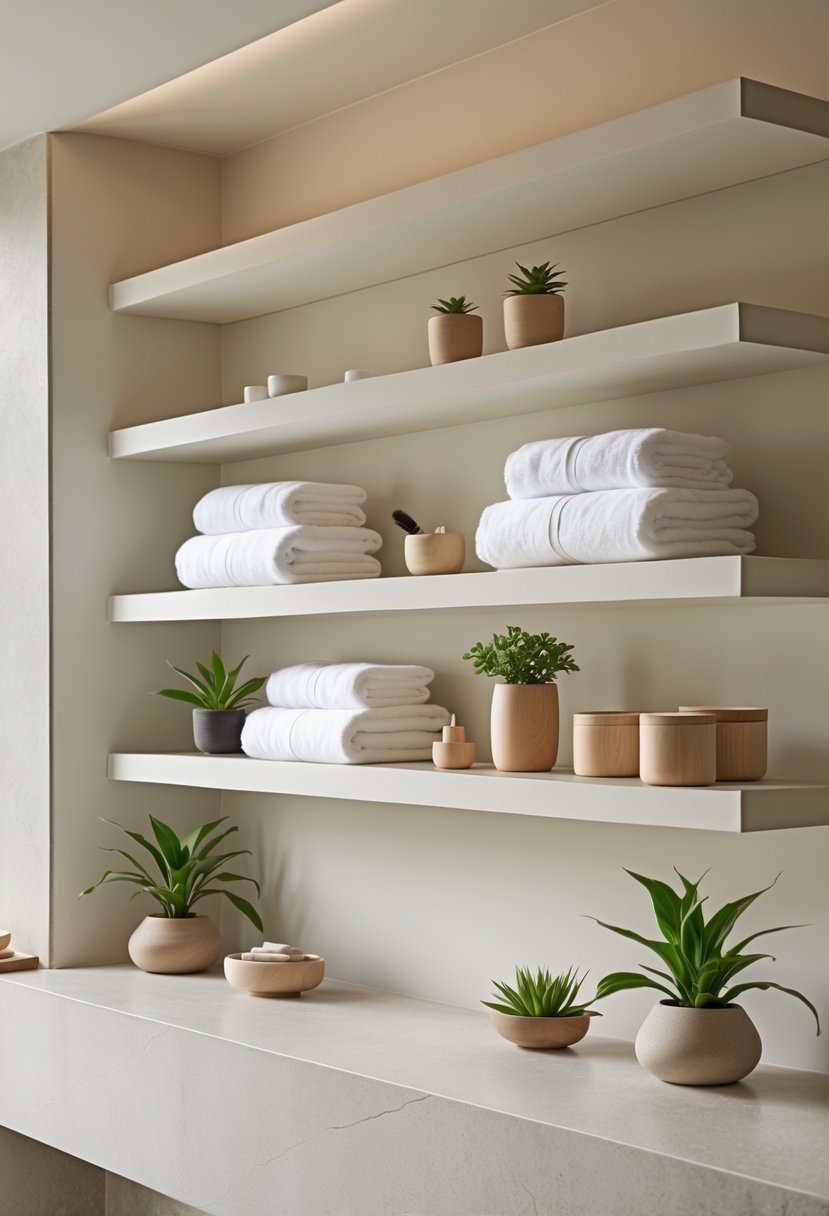 v2 17fxpd o29i5 A bathroom with open shelves holding towels, plants, and containers in a clean and calm setting.