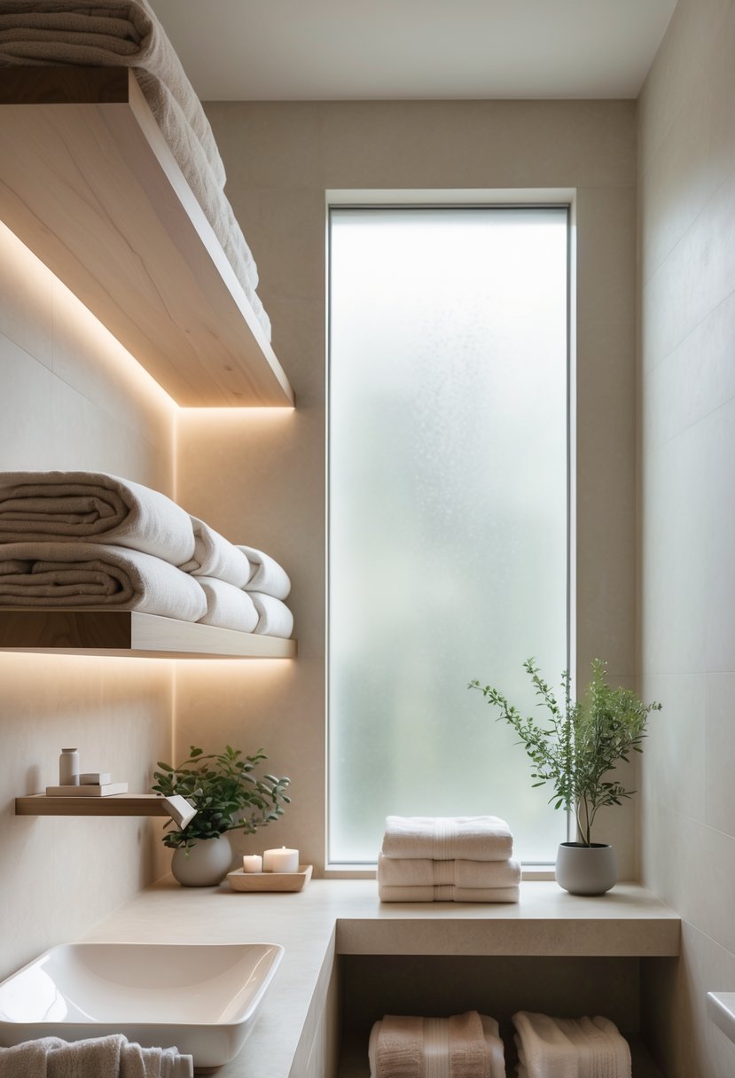 v2 17fxpq 0dssj A calm bathroom interior with neatly folded linen and cotton towels on wooden shelves, natural light, and green plants.