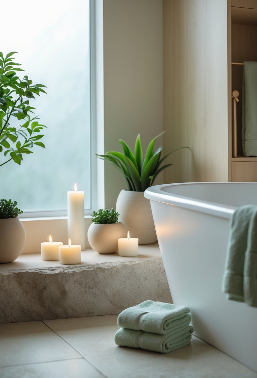v2 17fxq6 rlfgz A peaceful bathroom with small plants and candles arranged around a bathtub and wooden cabinetry.