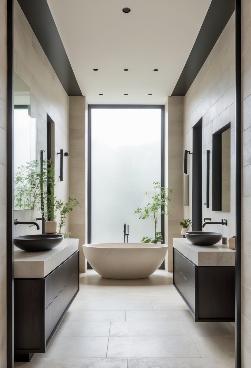 v2 17fxqx oqn8e A bright bathroom with light stone walls and countertops contrasted by dark trim around cabinets and fixtures, featuring a freestanding bathtub and plants.