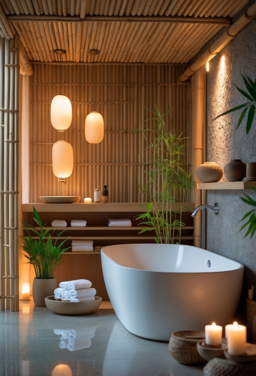 v2 17fxrp A peaceful bathroom with a freestanding bathtub, warm soft lighting, wooden accents, green plants, and neatly arranged towels.