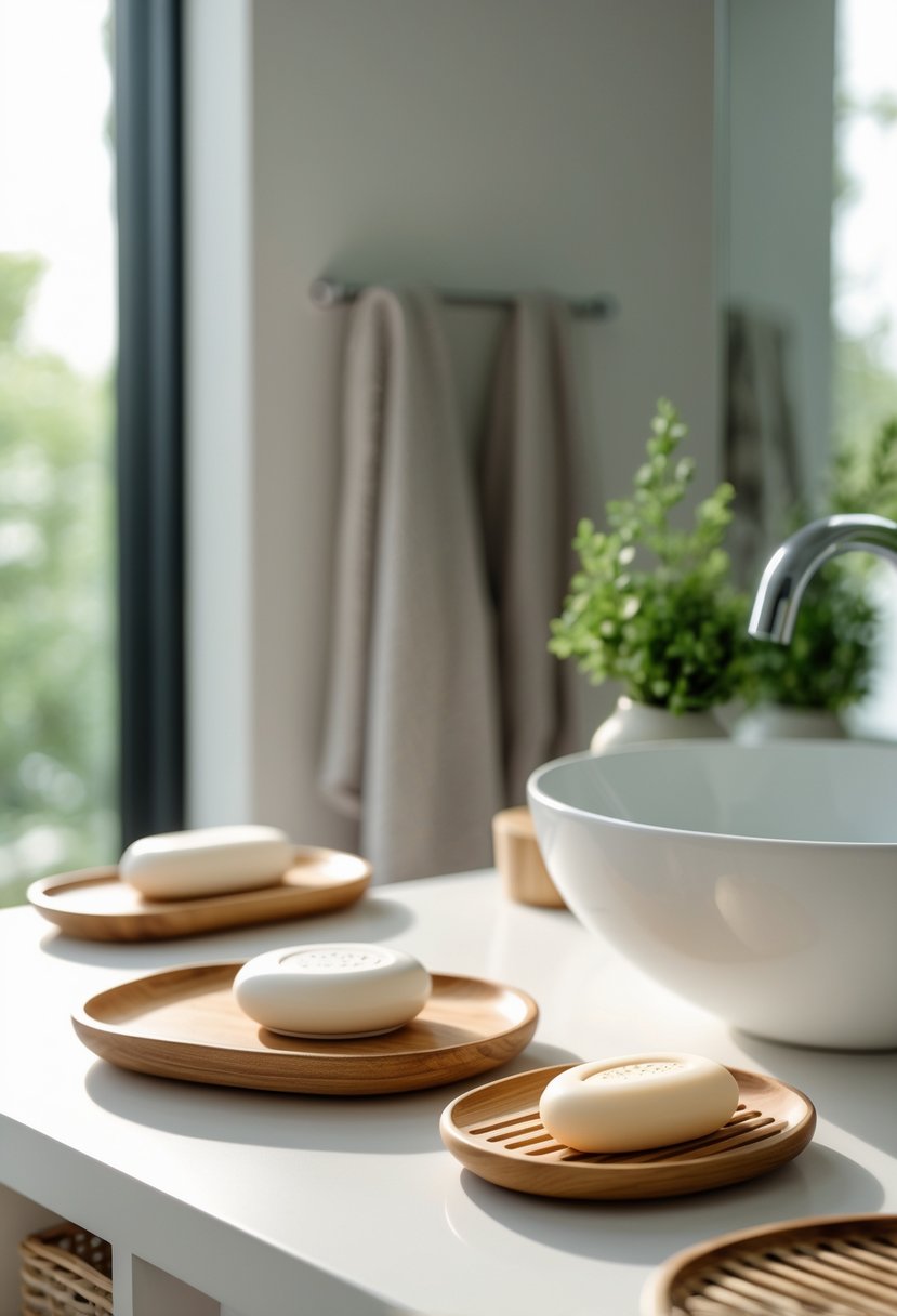 v2 17fxst ybyz3 A modern bathroom countertop with wooden soap dishes and trays, a sink, and some greenery in the background.