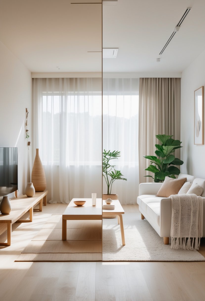 v2 17fyms vky9s A bright living room divided into two halves showing different furniture and decor styles with natural light coming through large windows.
