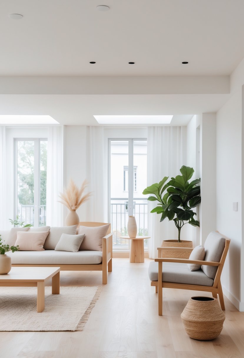 v2 17fync A bright, minimalist living room with wooden furniture, neutral cushions, a coffee table, an armchair, and green plants near large windows.