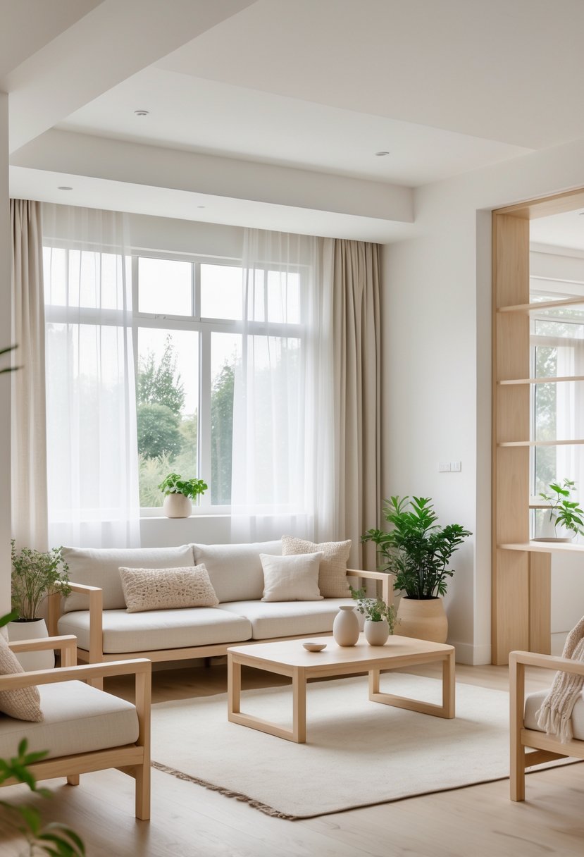 v2 17fyo1 dcj2f A bright living room with natural light, wooden furniture, a sofa with cushions, a coffee table with a plant, and minimal decorations creating a calm and cozy atmosphere.