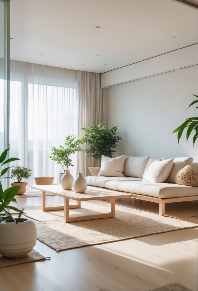v2 17fyq3 vaikz A bright living room with wooden furniture, a low coffee table, neutral sofa, plants, and soft natural light coming through large windows.