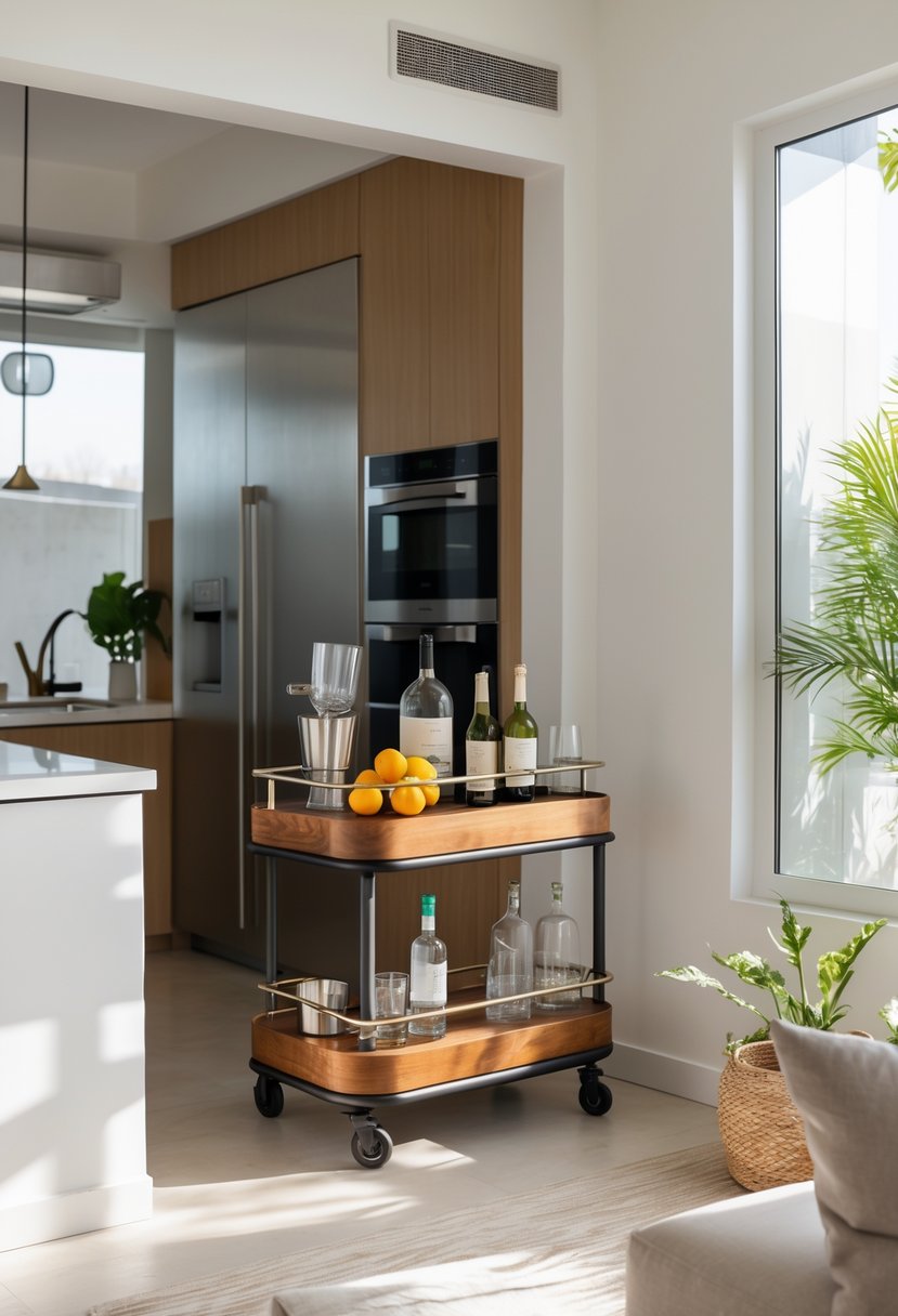 v2 17fzct o08db A kitchen pass-through bar cart nook with a wooden bar cart holding glassware, bottles, and fruit, situated between a modern kitchen and a cozy seating area.