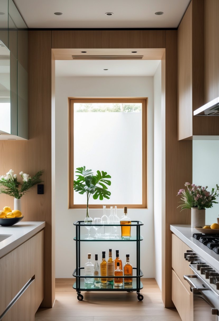 v2 17fzd9 rcgju A kitchen pass-through window with a bar cart nook featuring glassware, liquor bottles, and plants in a bright, clean kitchen space.