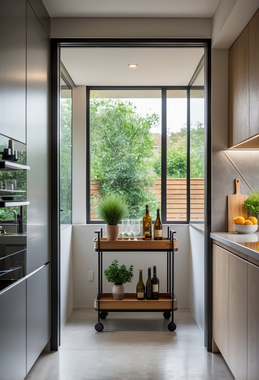 v2 17fzem afu25 A kitchen pass-through window opening to a nook with a bar cart holding glassware and bottles, surrounded by a modern kitchen setting.