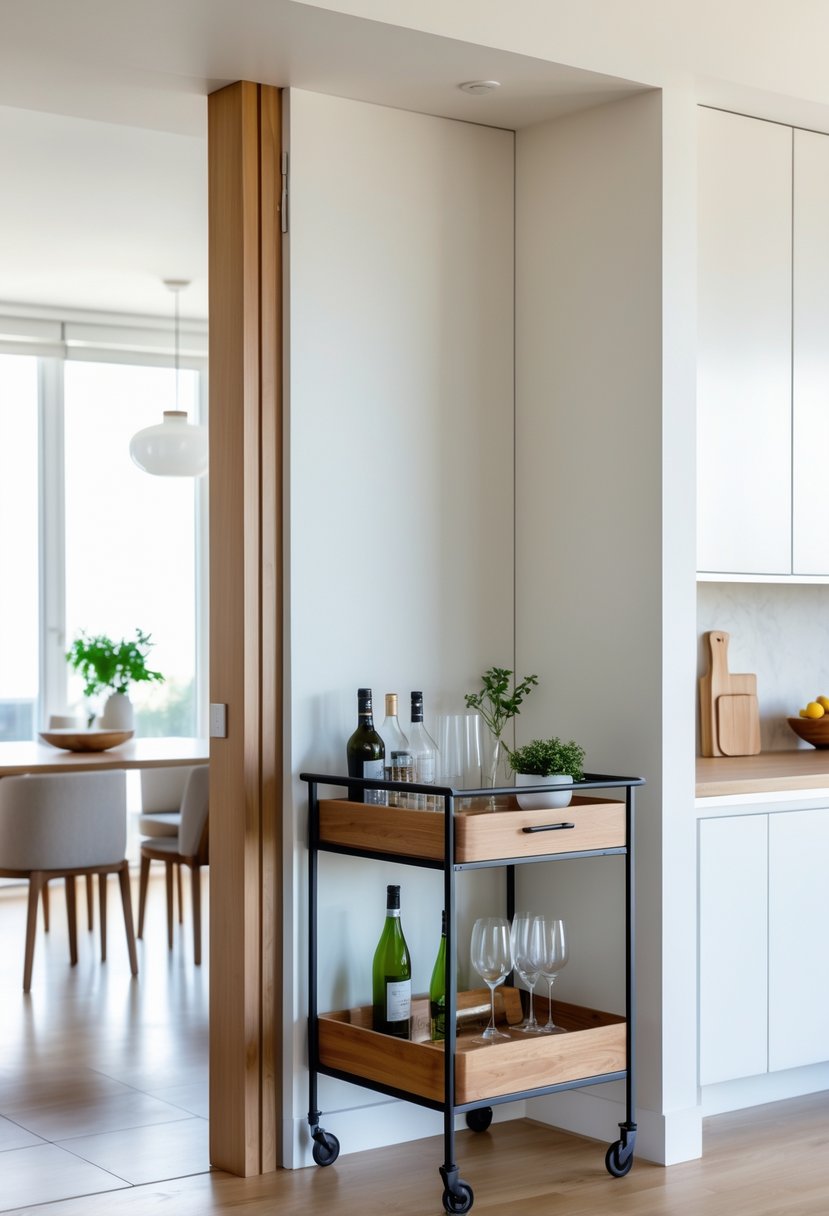 v2 17fzfb g42gh A kitchen pass-through bar cart nook with a wooden bar cart holding glassware and bottles, visible between the kitchen and dining area.