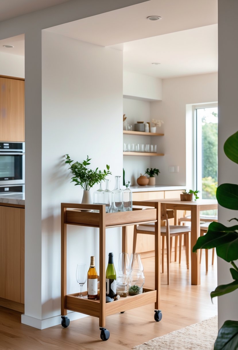 v2 17fzfv 475k9 A kitchen pass-through area with a modern bar cart stocked with glassware and bottles, connecting the kitchen and living space.