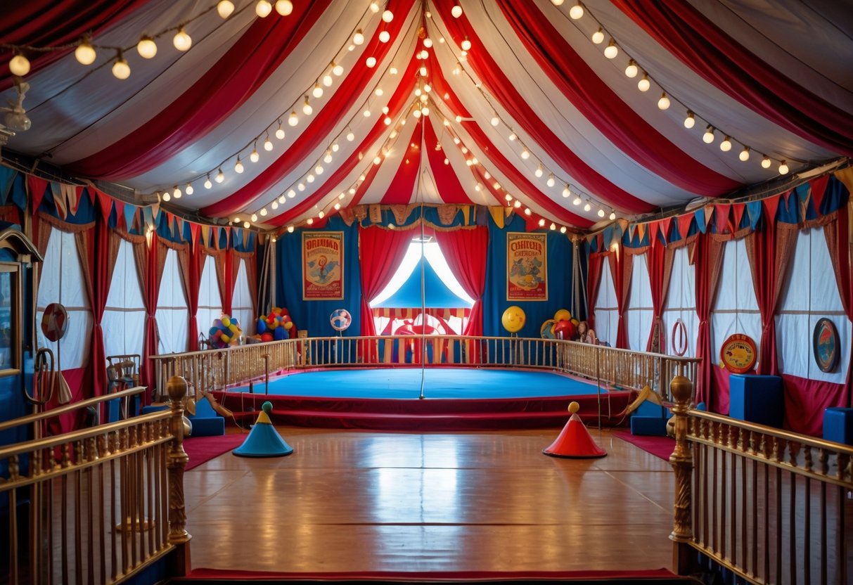 v2 17lf5z g3w5r Interior of a circus tent decorated with striped fabric, string lights, vintage posters, and circus props around a central performance ring.
