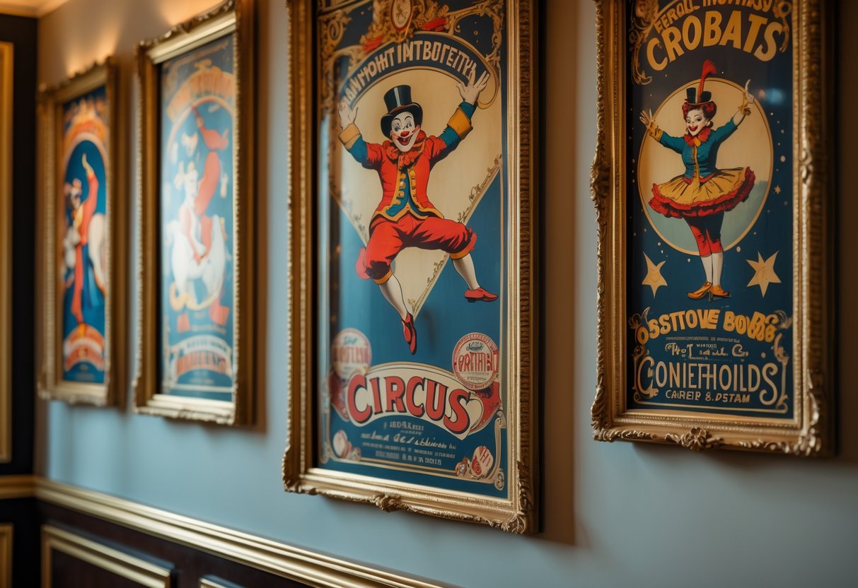 v2 17lf6f A wall with multiple vintage circus posters in gold frames displayed in a warmly lit room.