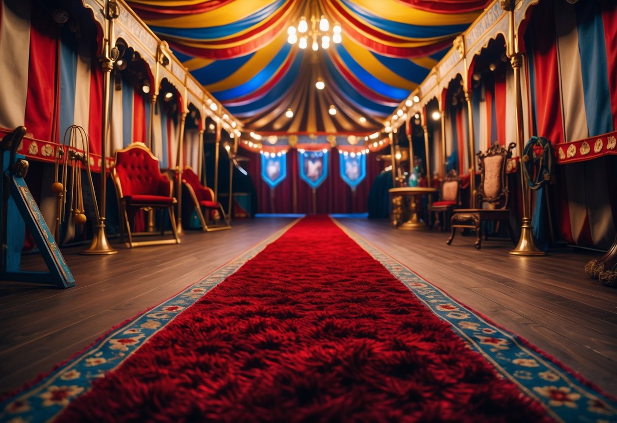 v2 17lf6r i2f14 Interior of a circus space with a red plush carpet, vintage circus decorations, and warm lighting.