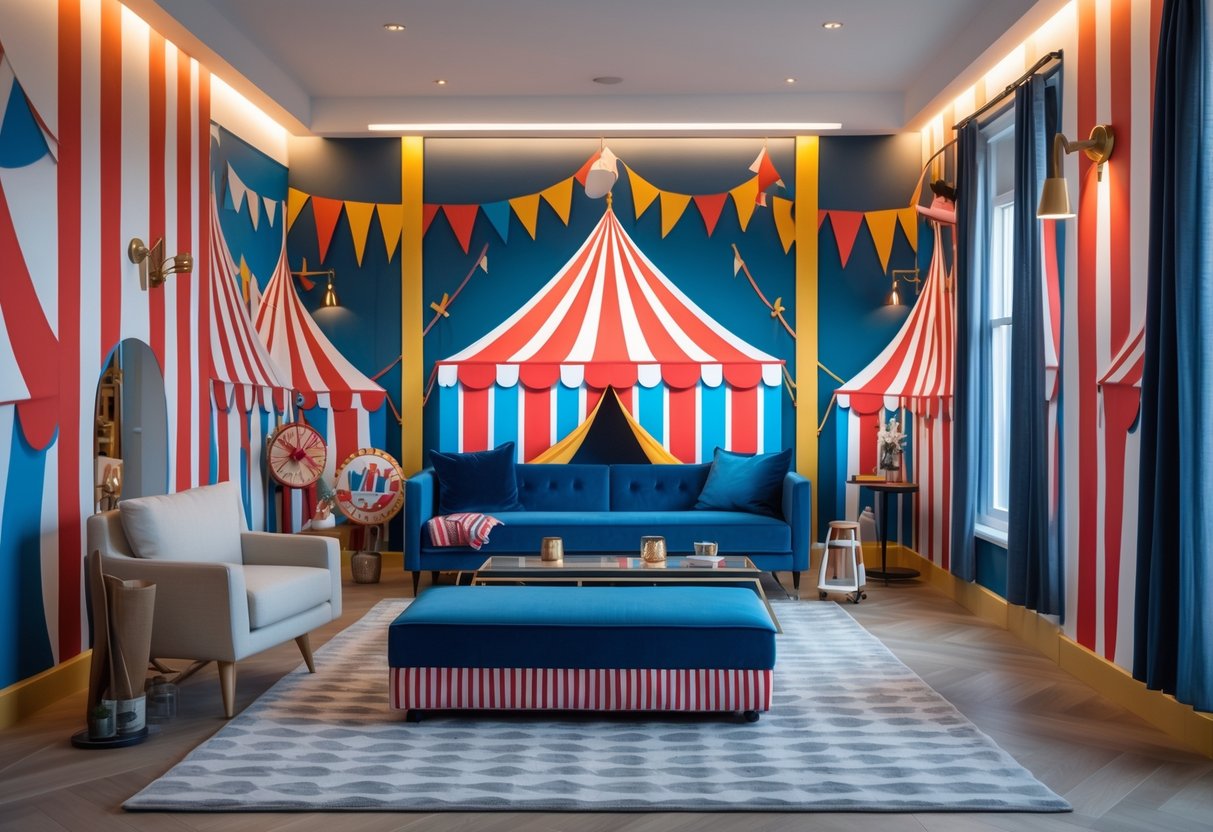 v2 17lf73 pmikv Interior room decorated with multiple large striped circus tent wall murals and circus-themed decor.