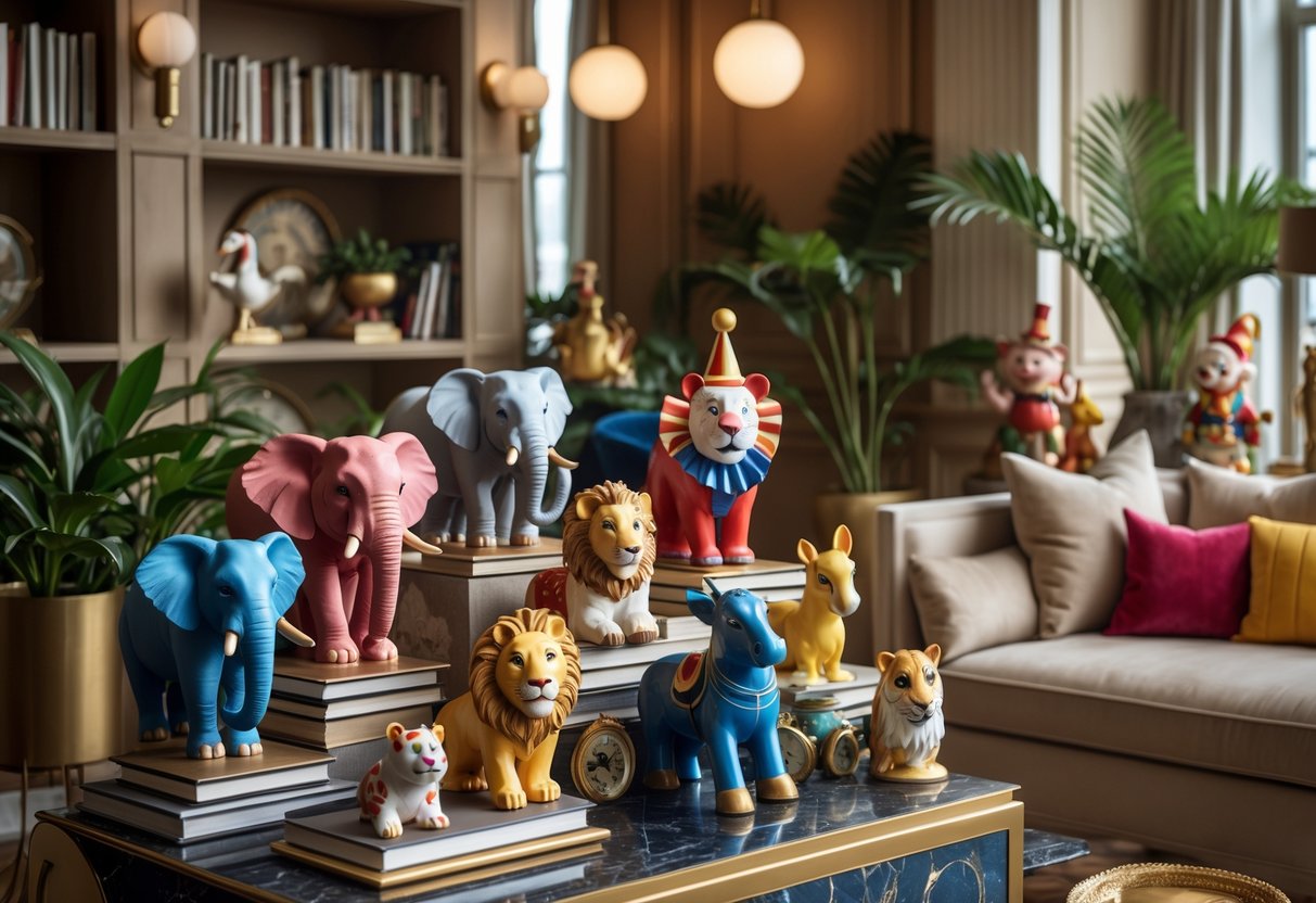 v2 17lf8d s960k A cozy interior room decorated with numerous colorful circus animal figurines displayed on shelves and tables among plants and books.