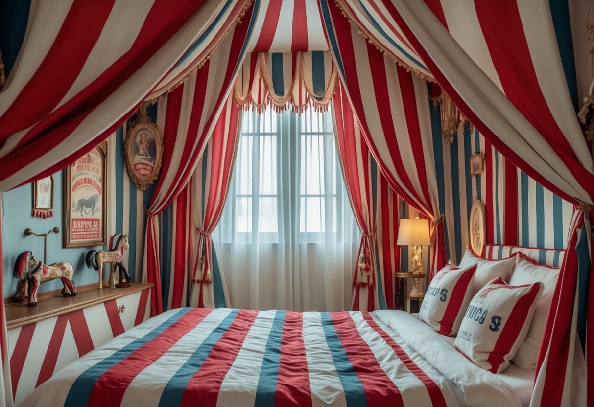 v2 17lf8p q862e A bedroom with a large bed surrounded by red and white striped canopy curtains and circus-themed decorations.