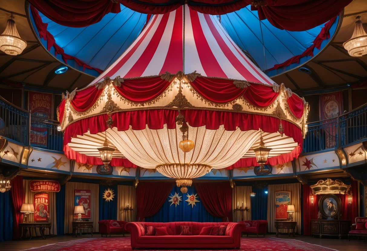 v2 17lf92 An indoor room with a large chandelier shaped like a circus tent, surrounded by colorful decorations and warm lighting.