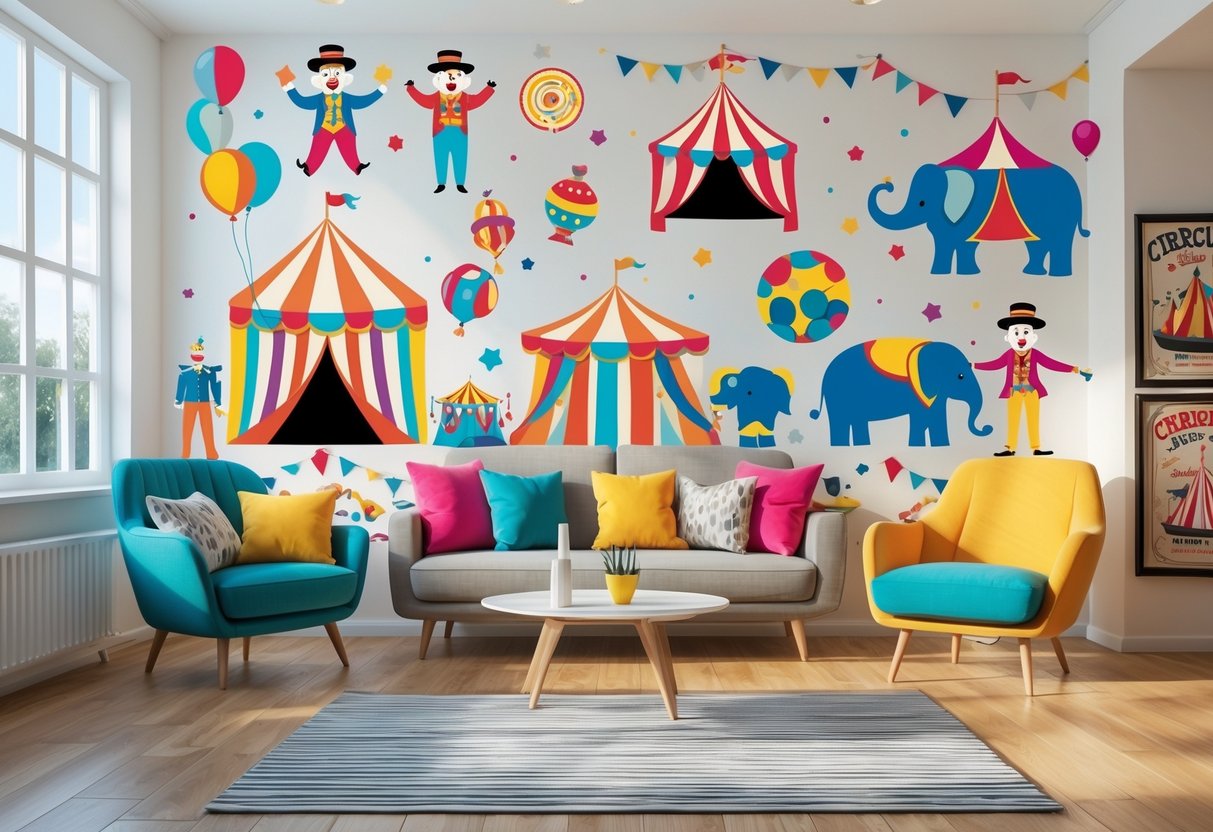v2 17lf9i y633c A bright living room with colorful circus-themed wall decals including clowns, acrobats, elephants, and balloons, with comfortable furniture and natural light.
