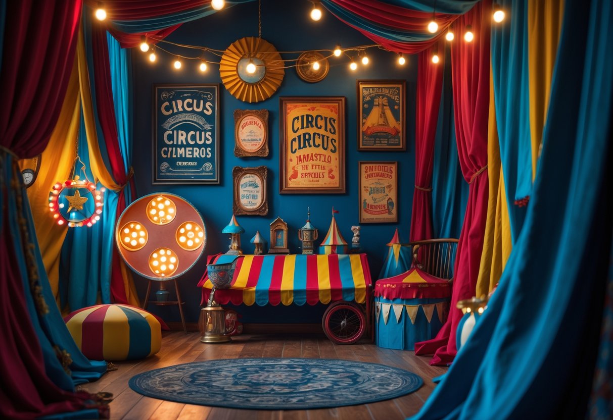 v2 17lf9v 2o4hj Interior room decorated with vintage circus-themed prints and colorful carnival decor, featuring framed artwork, striped tents, and warm lighting.