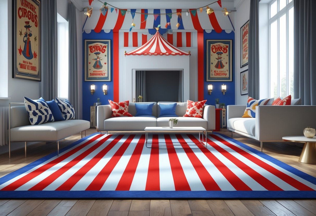 v2 17lfax izf4p A bright living room with bold red, white, and blue striped area rugs, modern furniture, and decorative accents creating a lively and inviting atmosphere.