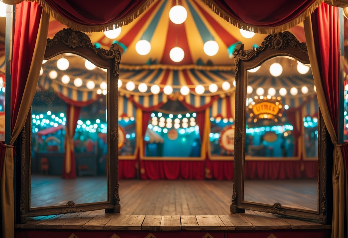 v2 17lfbe aceow Interior of a vintage circus carnival featuring ornate carnival mirrors with distorted reflections and colorful decorations.