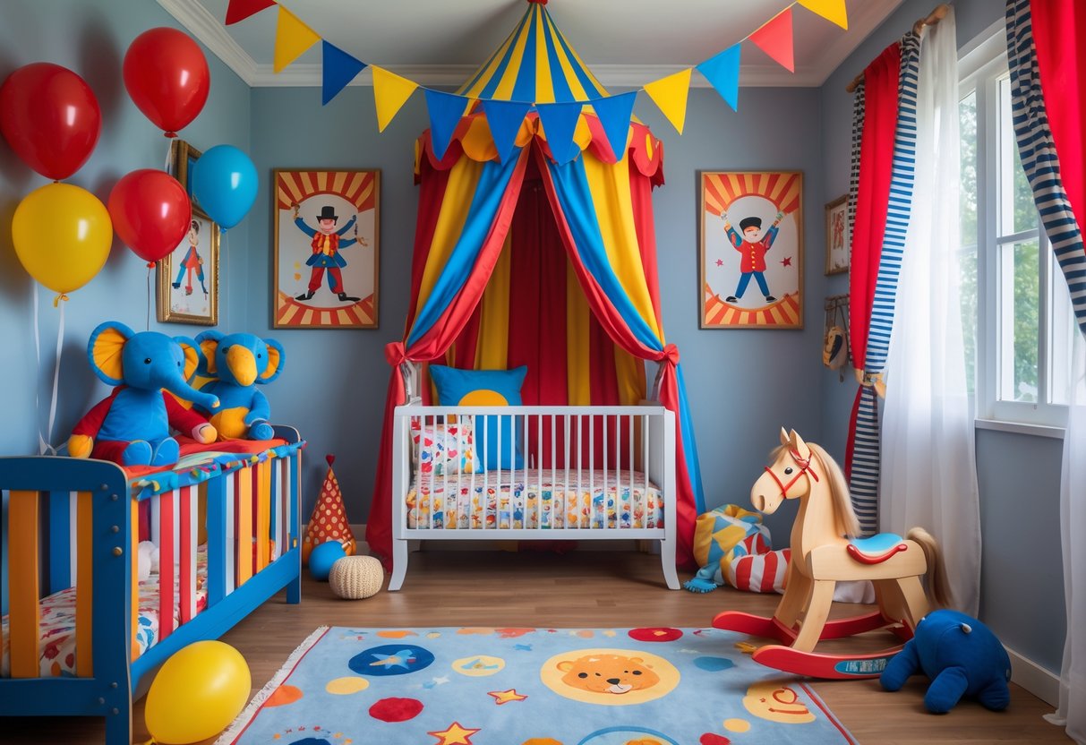 v2 17lfc4 67a4k A colorful nursery decorated with circus-themed toys, a crib with circus-patterned bedding, a striped tent canopy, and wall illustrations of circus performers.
