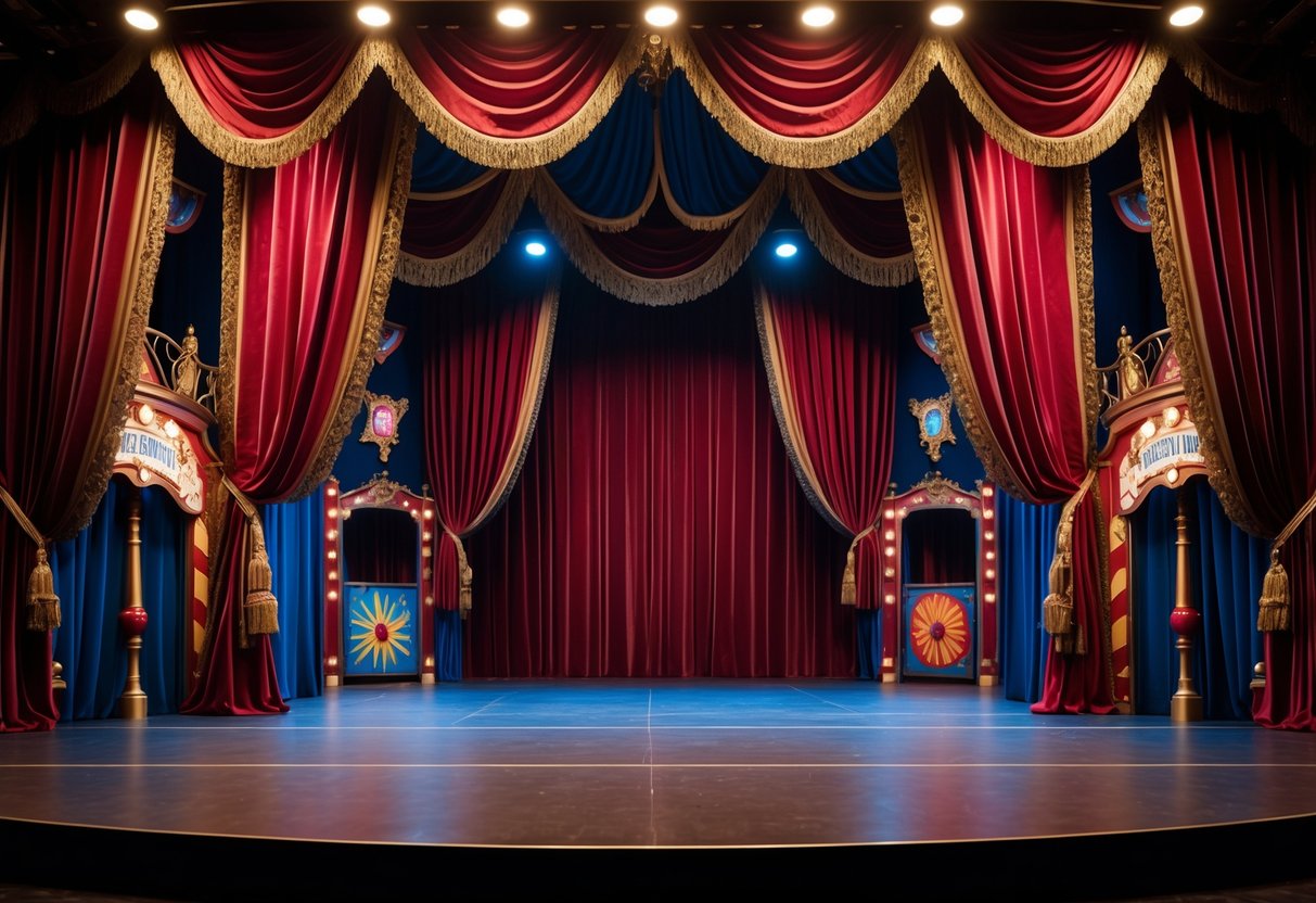 v2 17lfci gghhj An empty theatrical stage with rich red and gold curtains and circus-themed interior decorations.