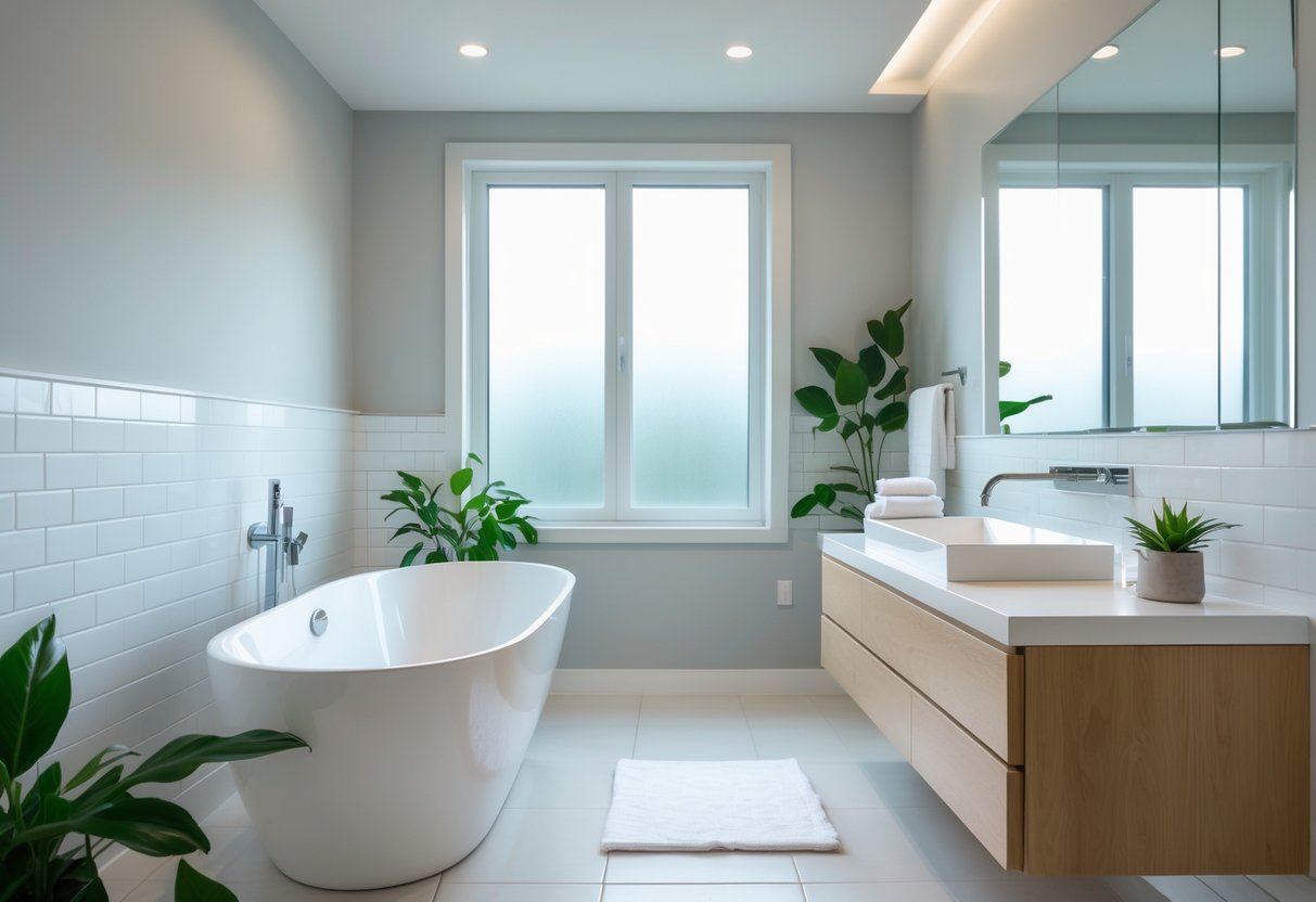 A clean and bright bathroom with a freestanding bathtub, wooden vanity with sink, large mirror, tiled floor, and small plants.