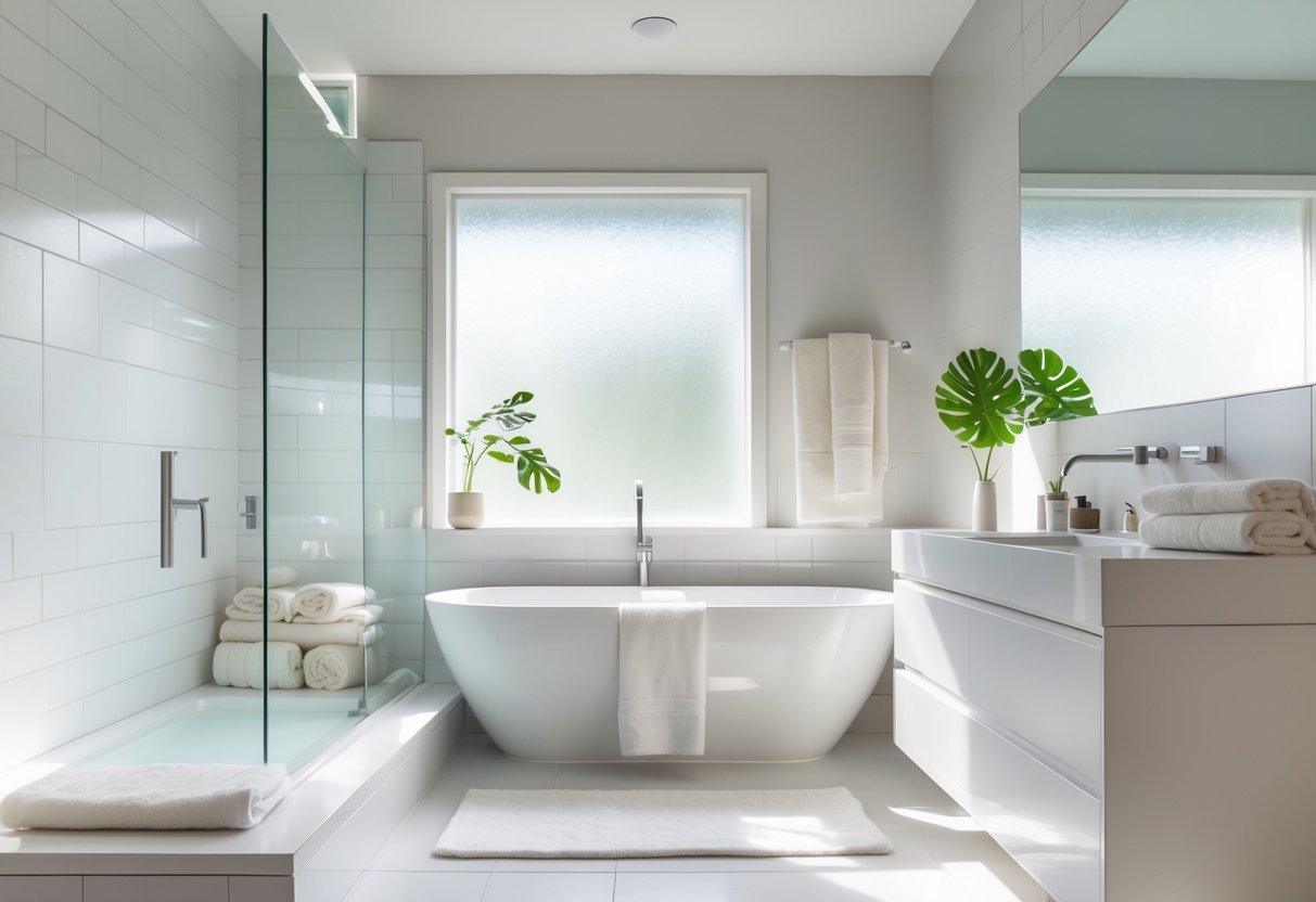 A modern bathroom with a bathtub, a vanity with a mirror, and natural light coming through a window.