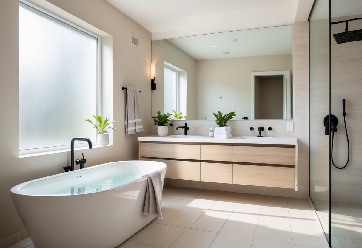 A modern bathroom with a freestanding bathtub, vanity with mirror, potted plant, and walk-in glass shower, lit by natural light.