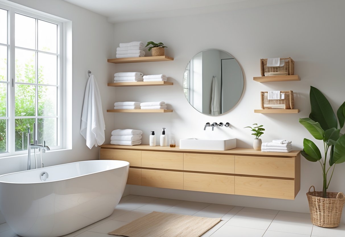 A bright bathroom with a freestanding bathtub, floating vanity with organized storage, open shelves with towels and baskets, and natural light coming through large windows.