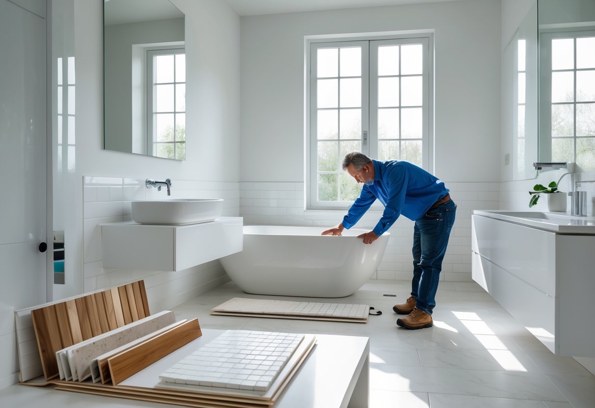 A contractor measuring tiles in a modern bathroom under renovation with a bathtub and material samples on a table.