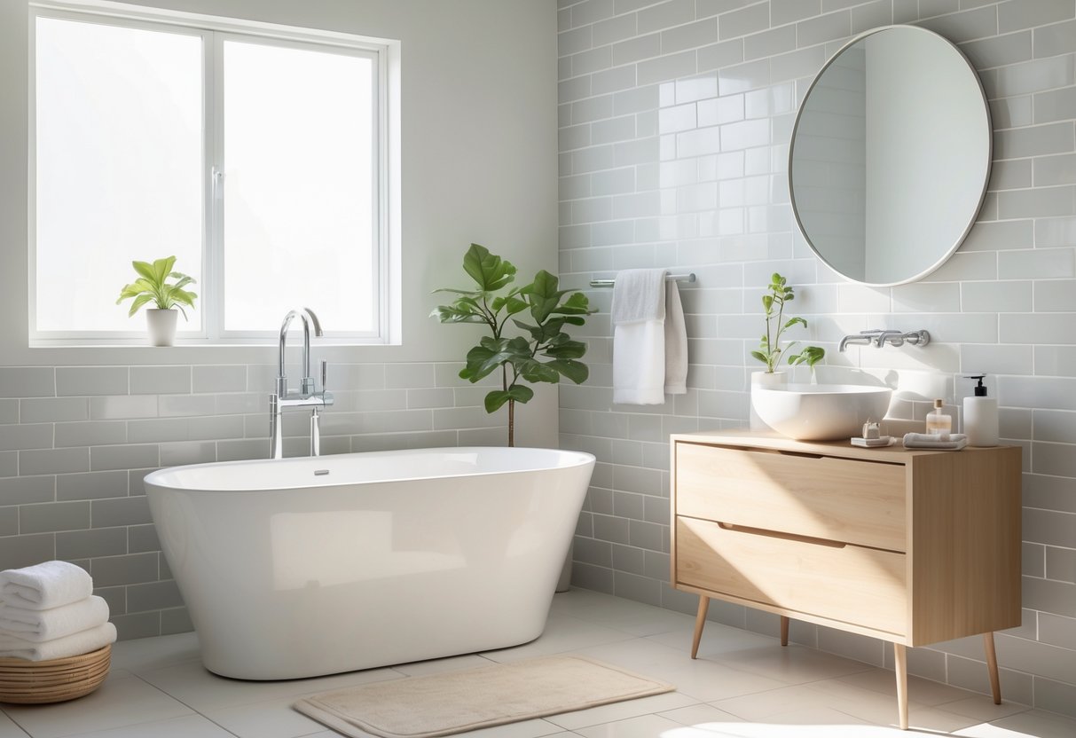 A modern bathroom with a white freestanding bathtub, wooden vanity, round mirror, and natural light coming through a window.