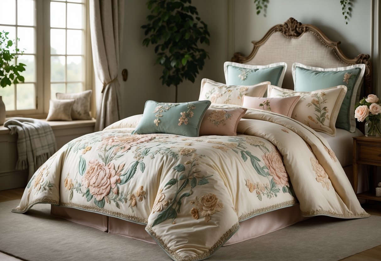 v2 17lfye 87ybd A neatly made bed with floral patterned bedding in a softly lit bedroom with a nightstand and fresh flowers.