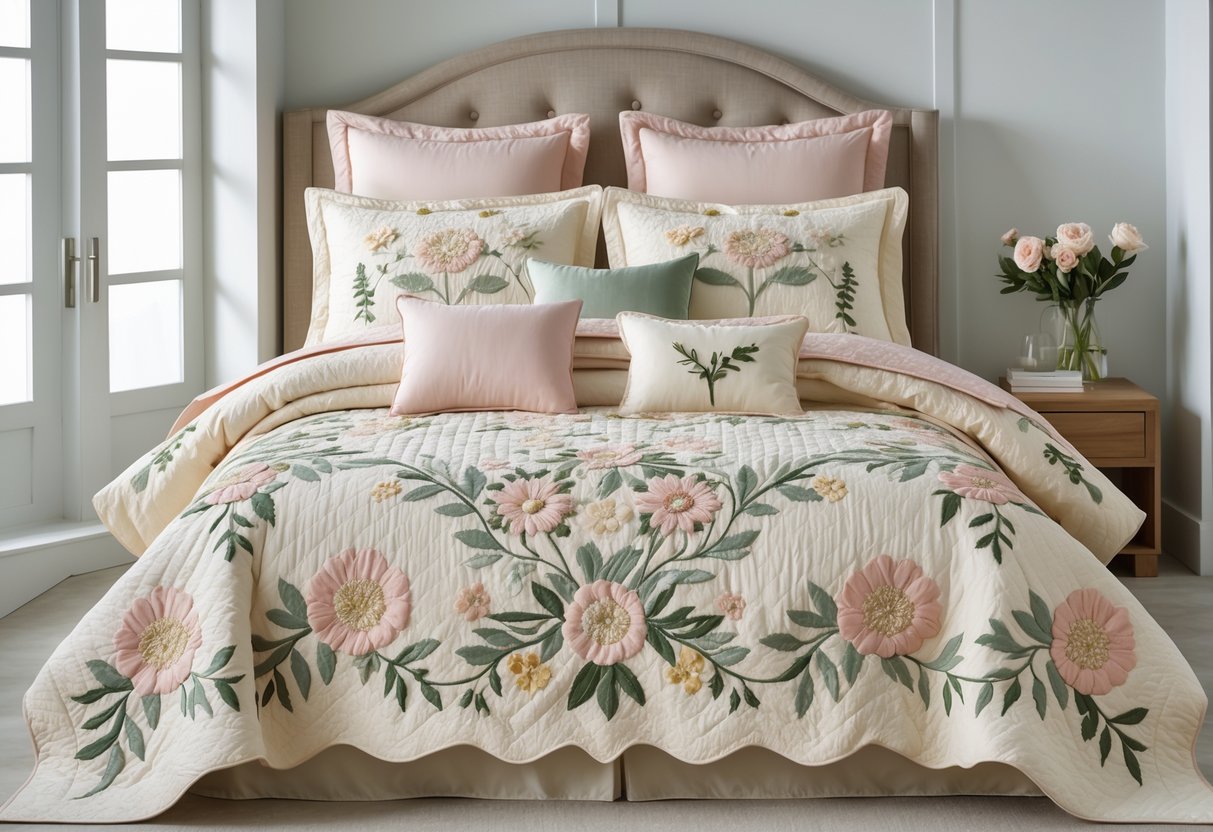 v2 17lfyu lu3wc A neatly made bed with a floral embroidered quilted bedspread in a bright bedroom with natural light.