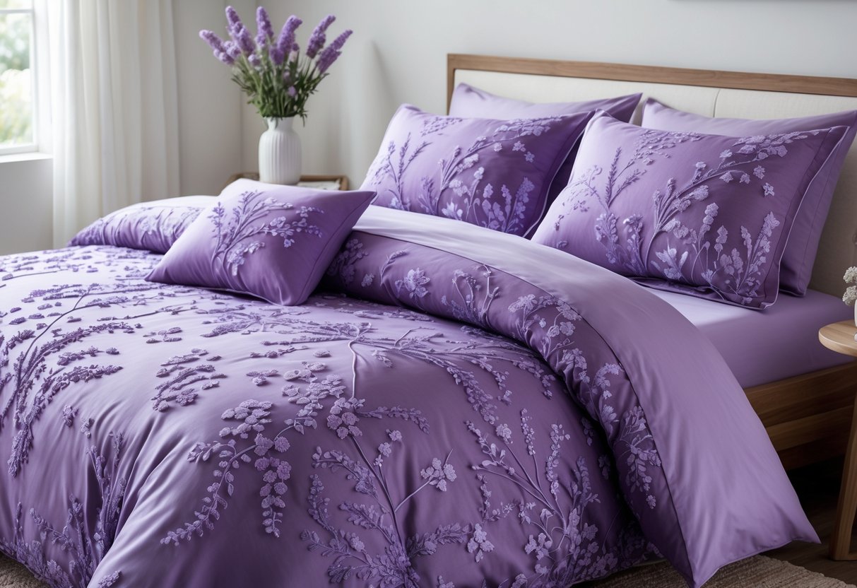 v2 17lfzc tdoi8 A bed with a purple floral bedding set featuring lavender flowers in a bright bedroom.