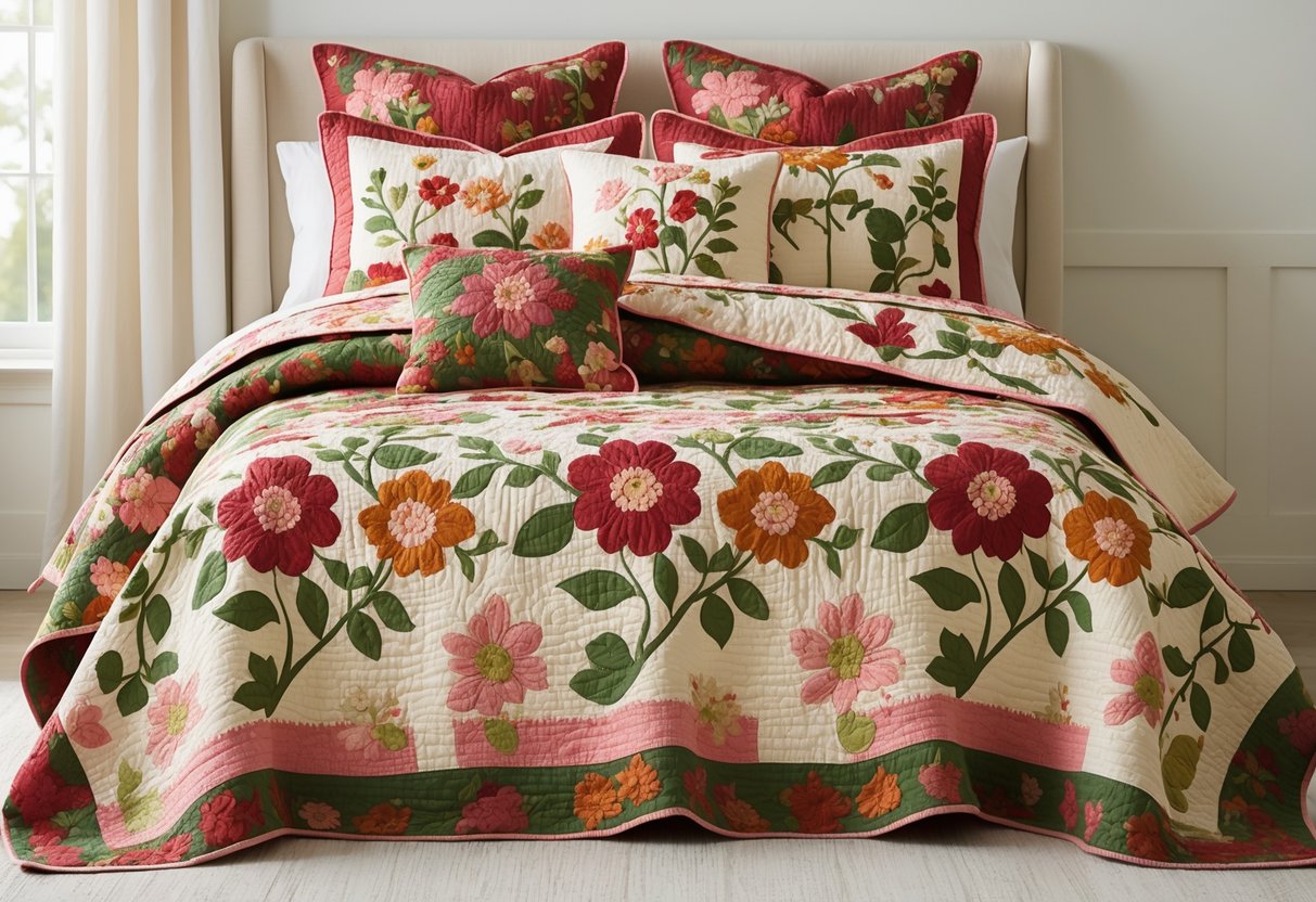 v2 17lfzm a120w A neatly made bed with a colorful floral quilt and matching pillows in a bright bedroom.