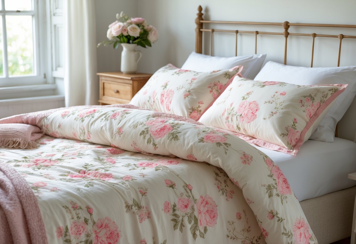 v2 17lg0g r7q5p A neatly made bed with a pink and ivory floral bedspread in a bright bedroom with natural light.