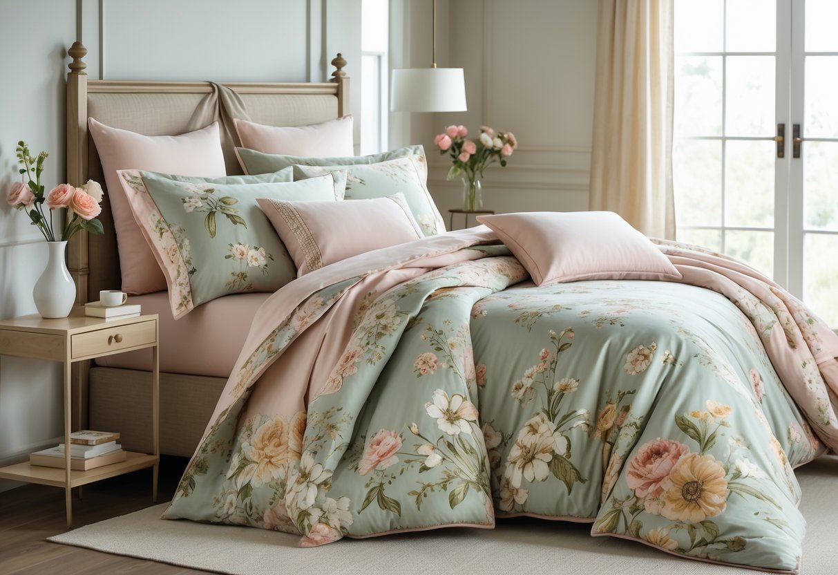 v2 17lg0s A bright bedroom with a bed made up in soft cotton bedding featuring delicate floral patterns in pastel colors.
